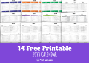 2033 Calendar printable free download