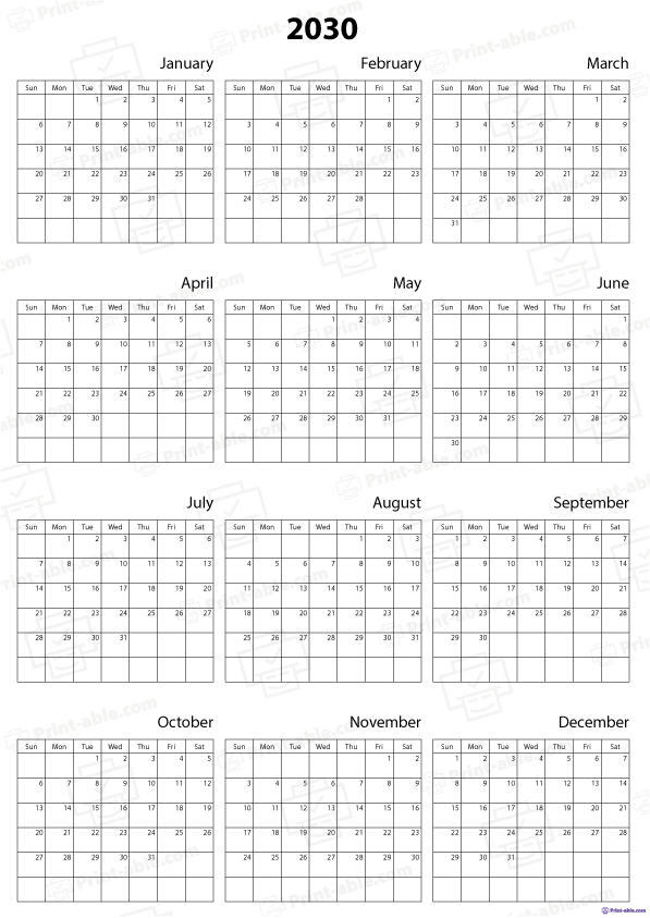 2030 Calendar Printable Free Download