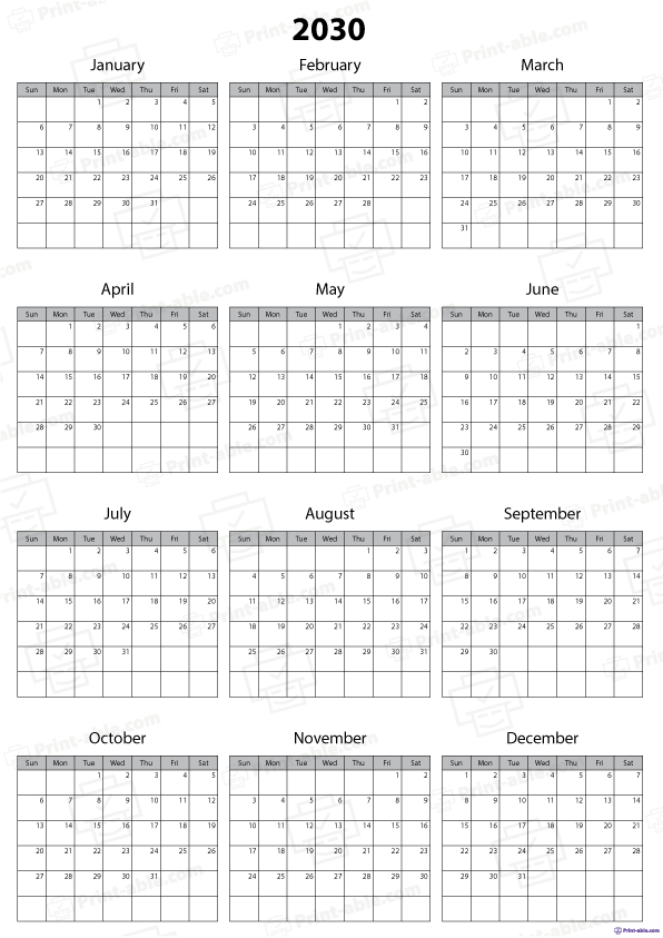 2030 Calendar Printable Free Download