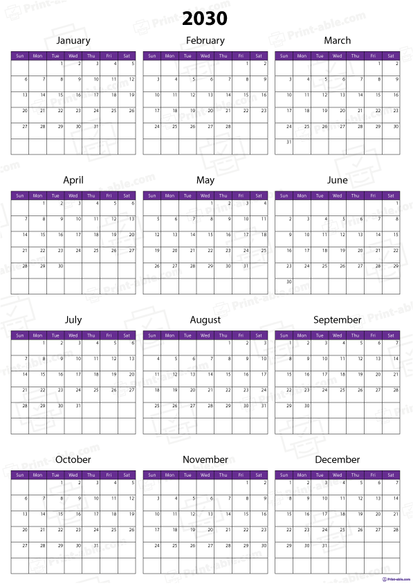 2030 Calendar Printable Free Download