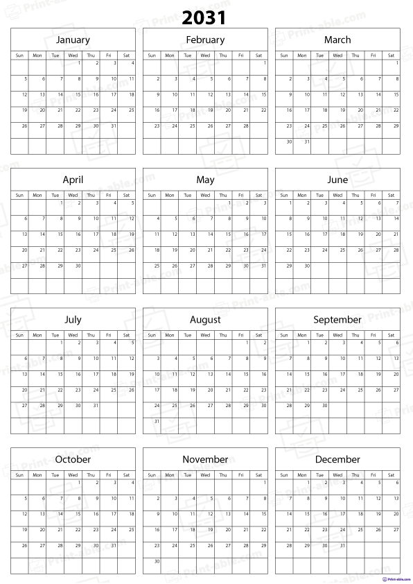 2031 Calendar Printable Free Download