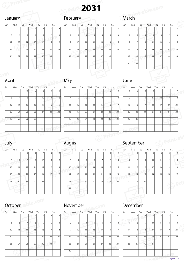 2031 Calendar Printable Free Download