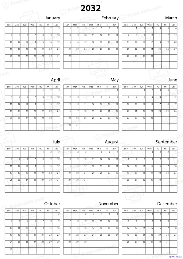 2032 Calendar Printable Free Download