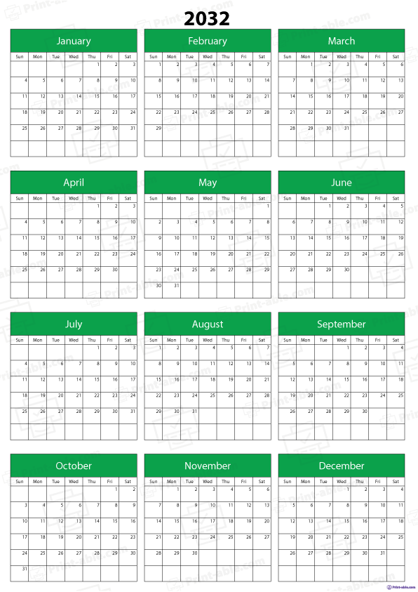 2032 Calendar Printable Free Download