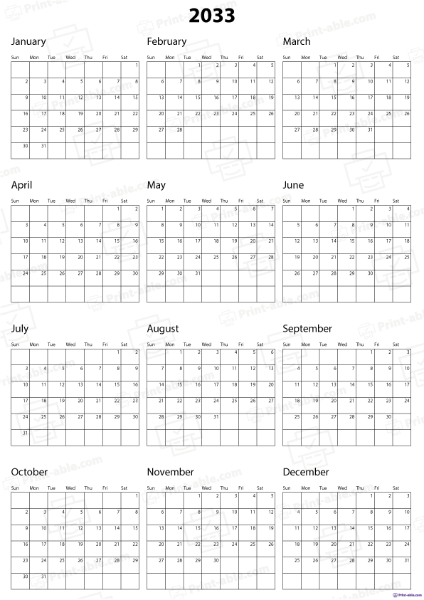 2033 Calendar Printable Free Download