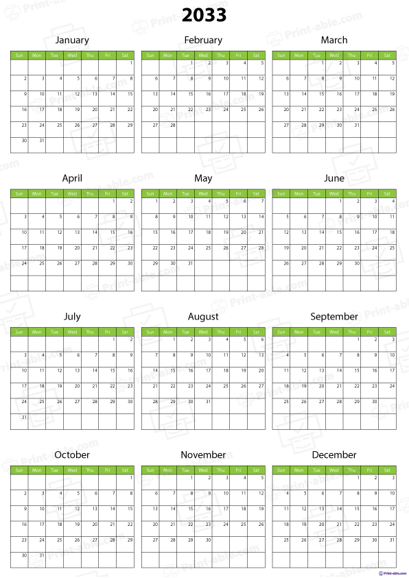 2033 Calendar Printable Free Download