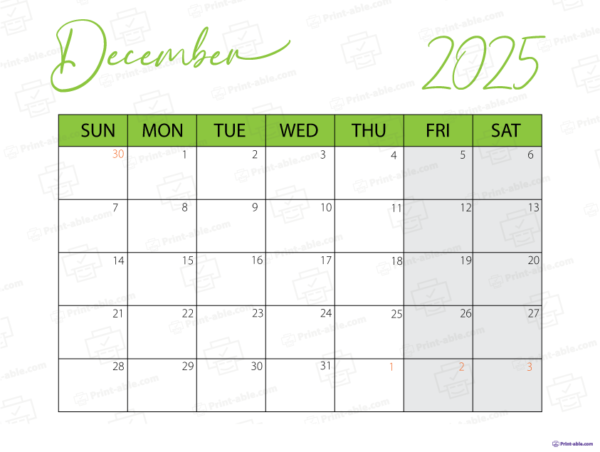 December 2025 Calendar Printable