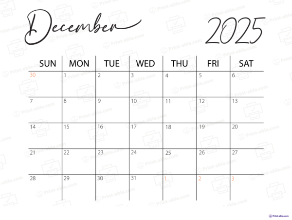 December 2025 Calendar Printable