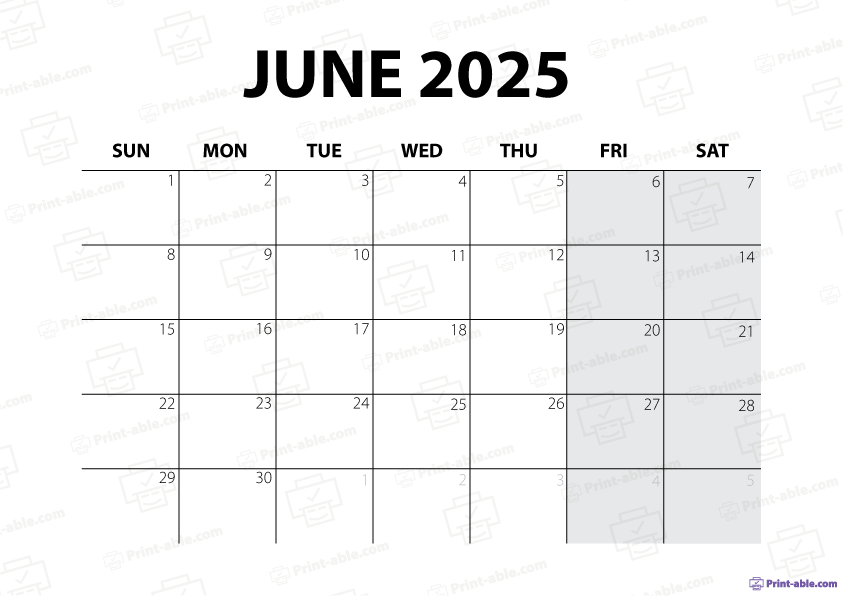 June 2025 Calendar Printable Free Download