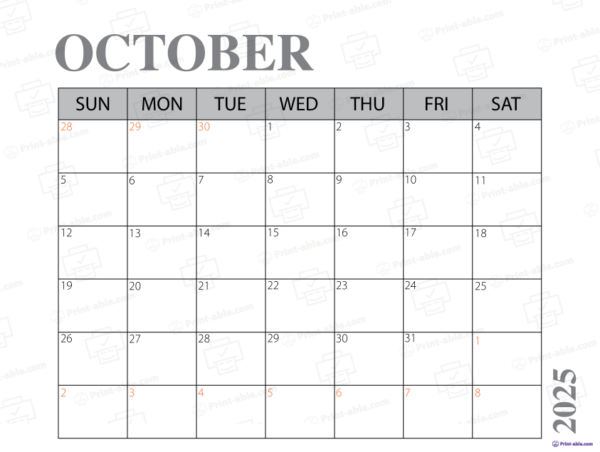 October 2025 Calendar Printable