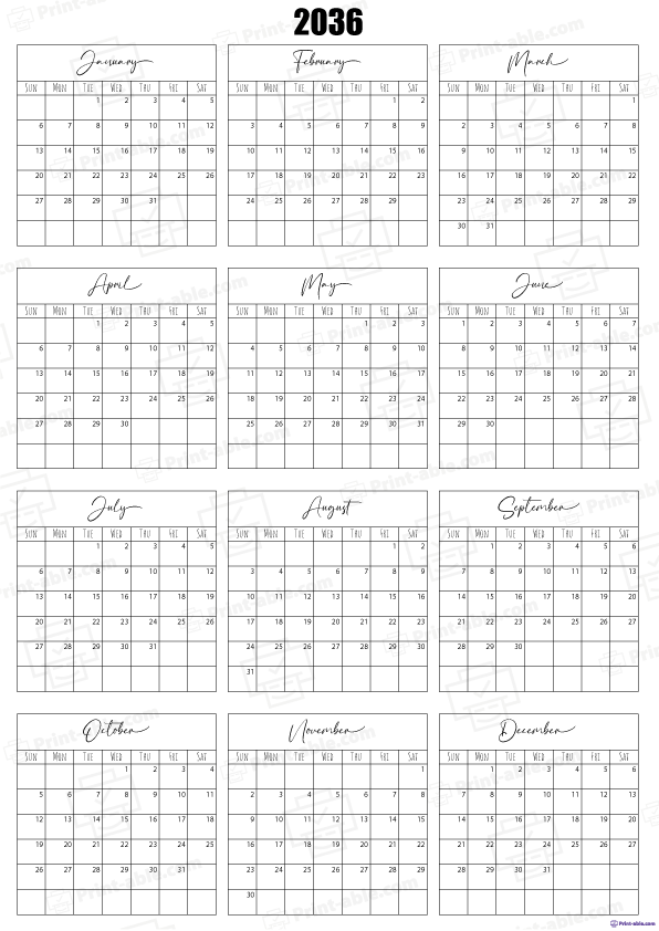 2036 Calendar Printable Free Download