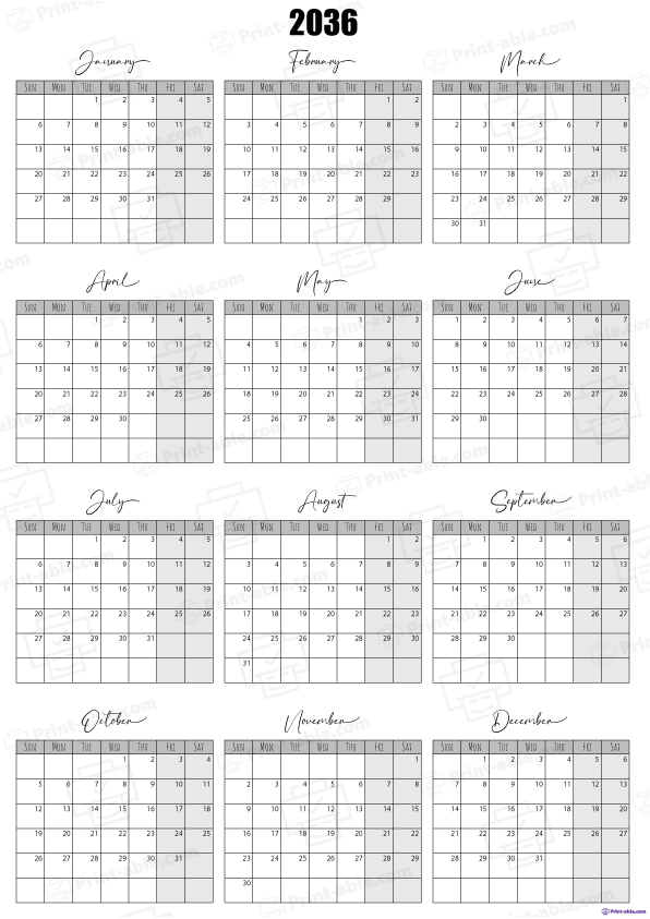 2036 Calendar Printable Free Download