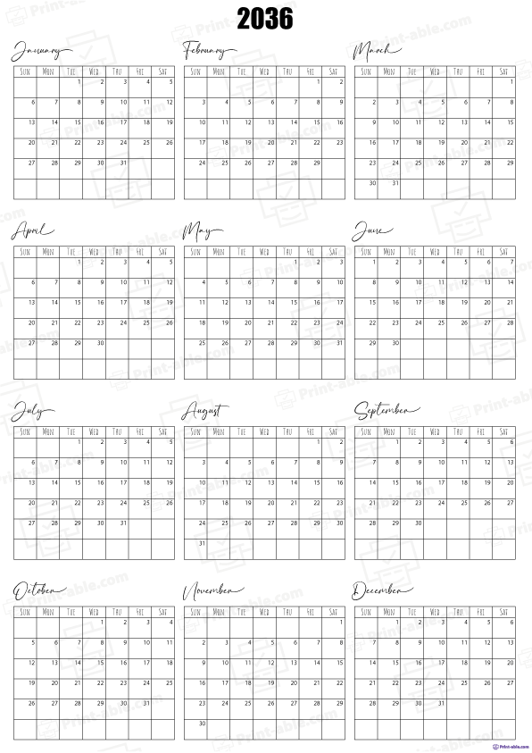 2036 Calendar Printable Free Download