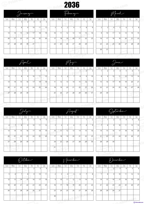 2036 Calendar Printable Free Download