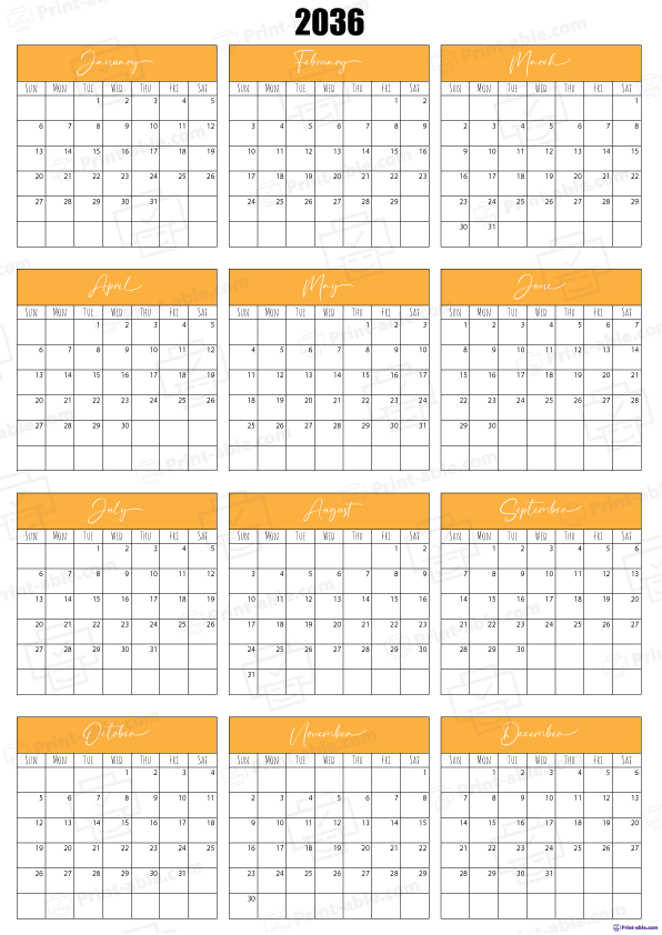 2036 Calendar Printable Free Download