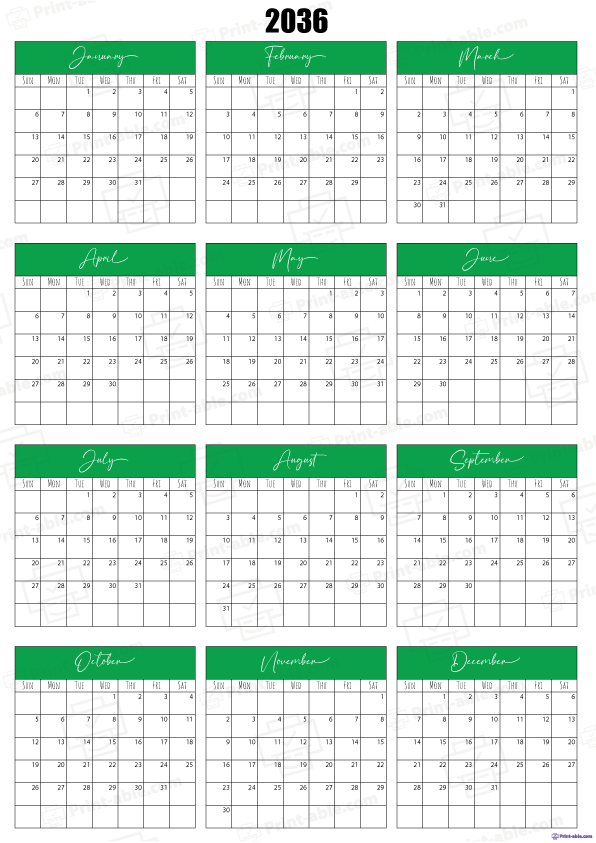 2036 Calendar Printable Free Download