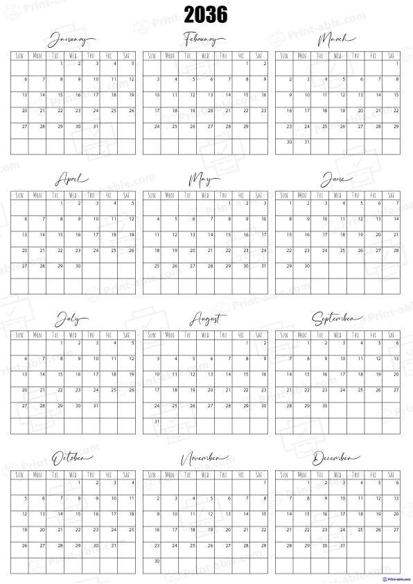 2036 Calendar Printable 1706 | Print-able.com