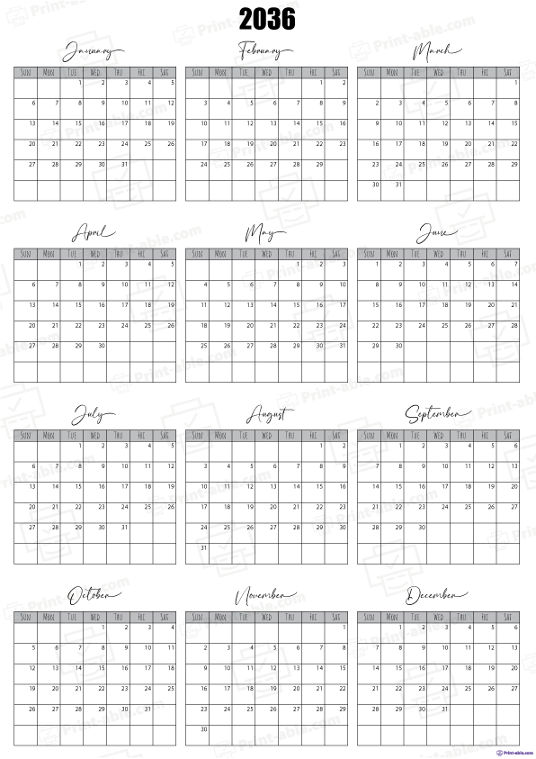 2036 Calendar Printable Free Download