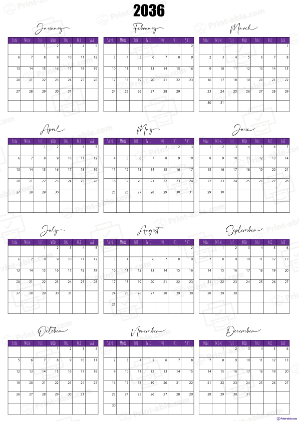 2036 Calendar Printable Free Download