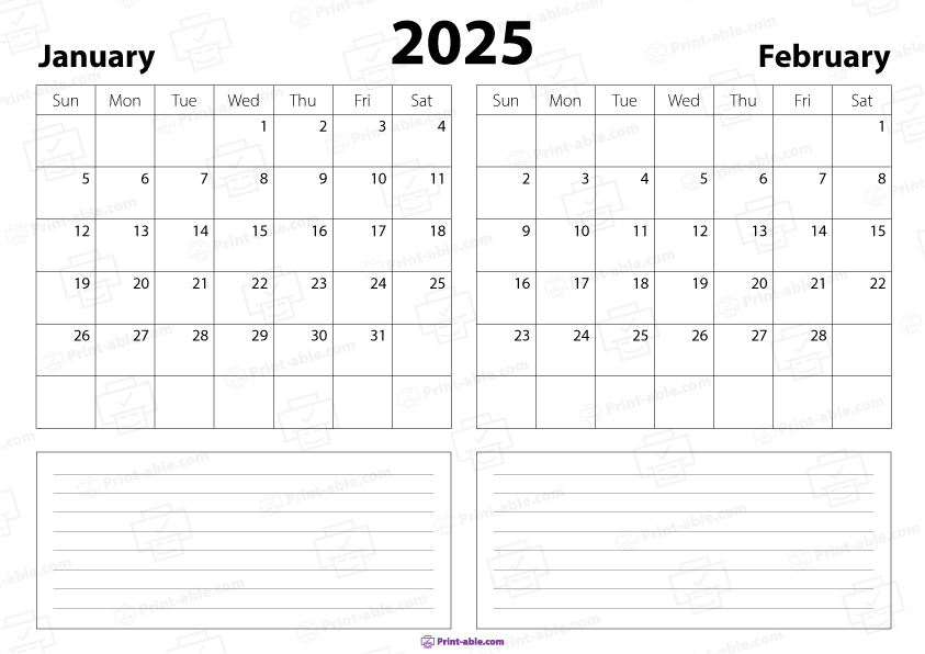 January and February 2025 Calendar Free Download