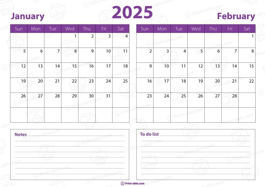 January and February 2025 Calendar Free Download