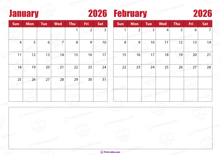 January and February 2026 Calendar Free Download