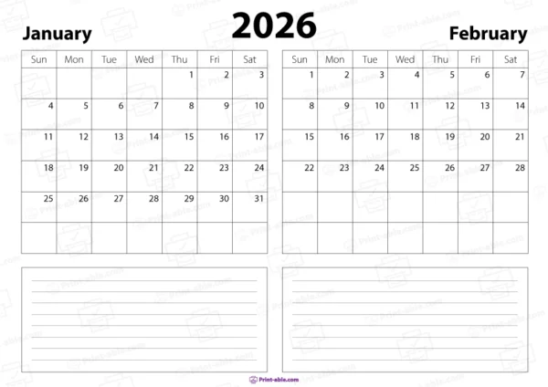 january and february 2026 calendar free download