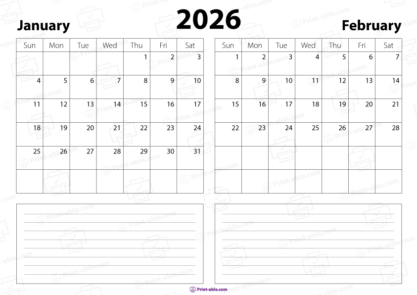 January and February 2026 Calendar Free Download