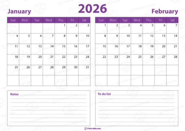 january and february 2026 calendar free download