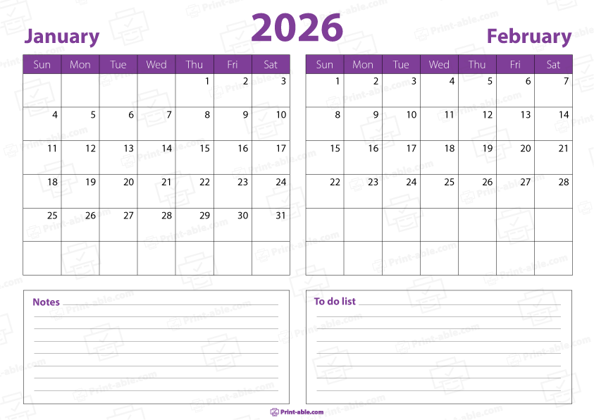 January and February 2026 Calendar Free Download