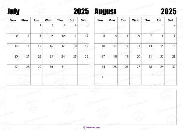 July and august 2025 calendar free download