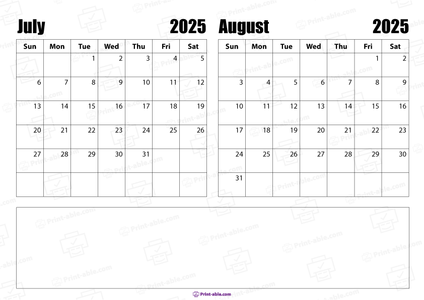 July and August 2025 Calendar Free Download