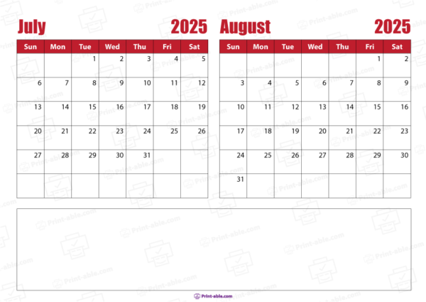 July and august 2025 calendar free download