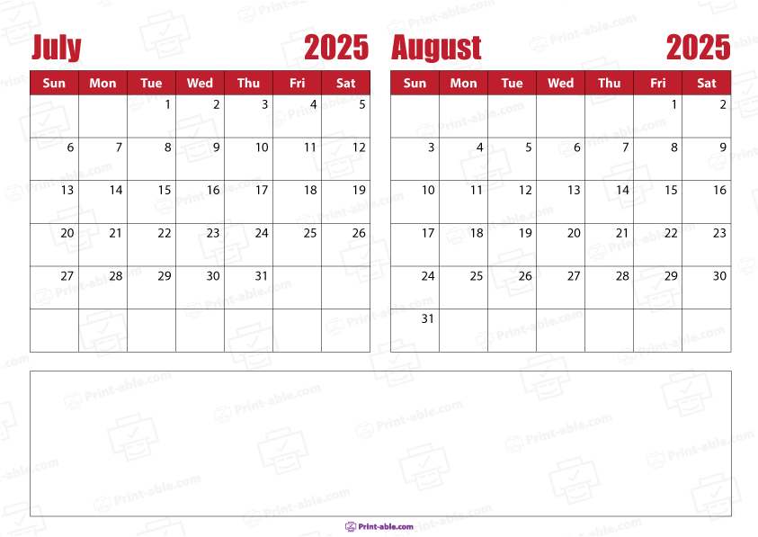 July and August 2025 Calendar Free Download