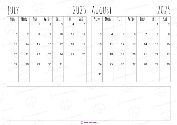 July and august 2025 calendar free download