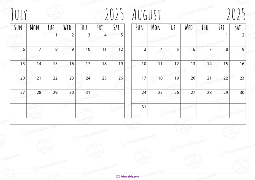 July and August 2025 Calendar Free Download