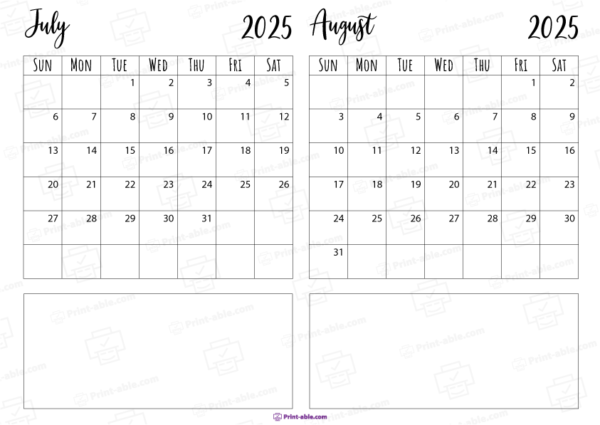 July and august 2025 calendar free download