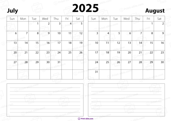 July and august 2025 calendar free download