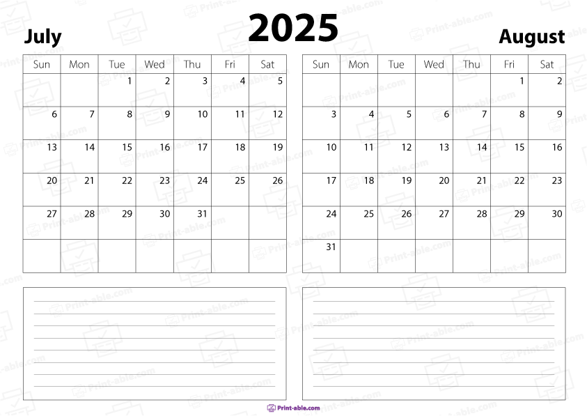 July and August 2025 Calendar Free Download