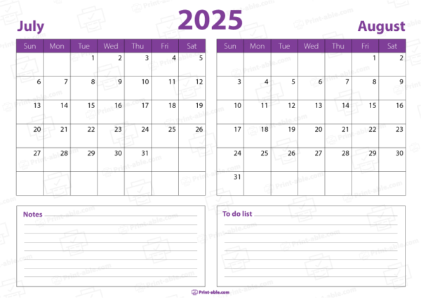 July and august 2025 calendar free download