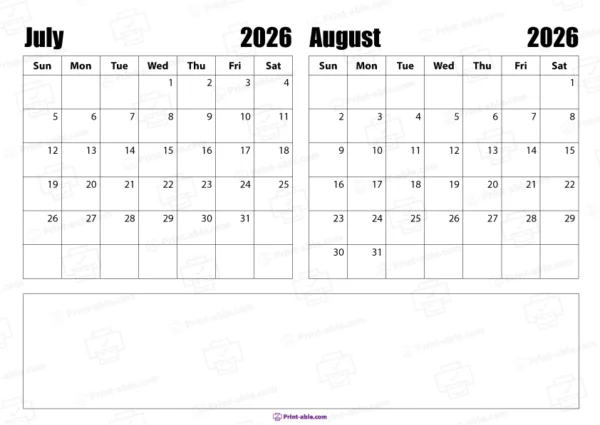 July and august 2026 calendar free download