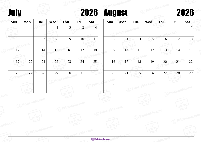 July and August 2026 Calendar Free Download