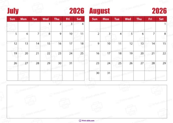 July and august 2026 calendar free download