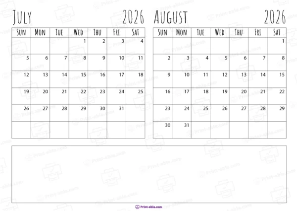 July and august 2026 calendar free download