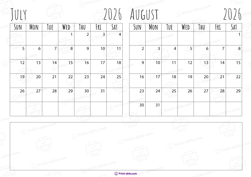 July and August 2026 Calendar Free Download