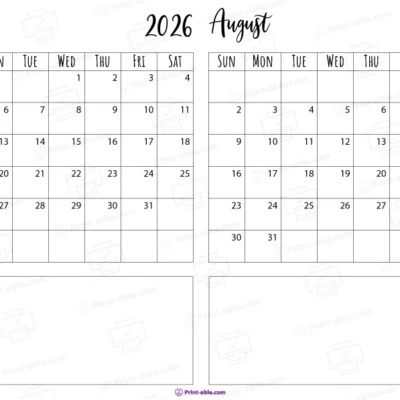 July and august 2026 calendar free download