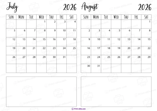 July and august 2026 calendar free download