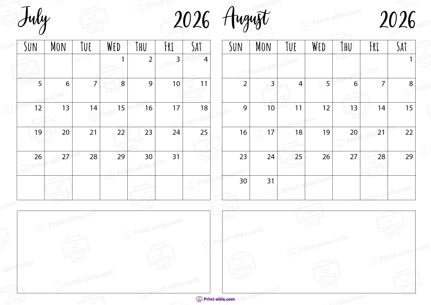 July and August 2026 Calendar Free Download