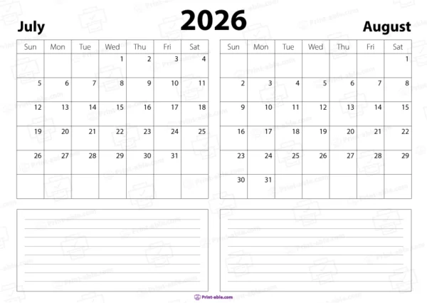 July and august 2026 calendar free download