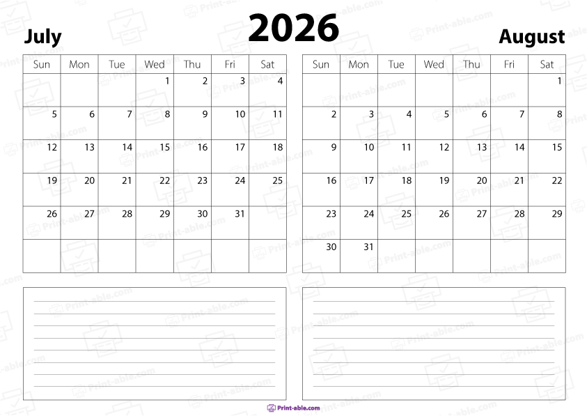 July and August 2026 Calendar Free Download